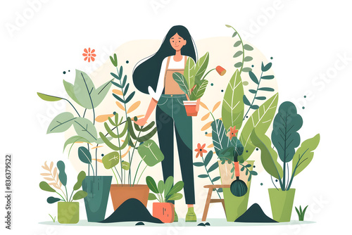 Soil, gardening and woman with pot plant, flower and fertilizer for growth, nutrition and health. Natural home, leaves and gardener with tools for eco friendly, 