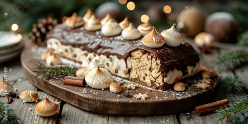 Rustic Yule Log Cake with Edible Snowflakes and Fairy Lights, generative ai