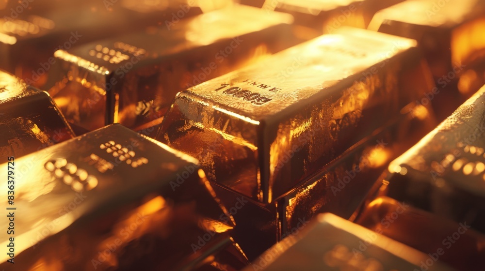 A close-up of gold bars stacked on top of each other, with sunlight casting a warm glow on the gleaming surfaces. A close-up of gold bars stacked on top of each other, with sunlight casting a warm glow on the gleaming surfaces.