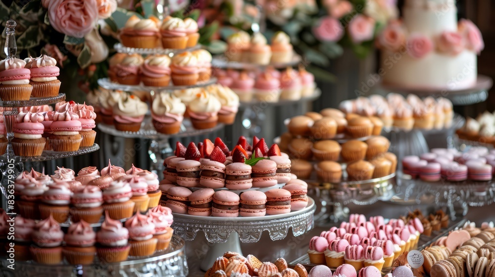 A table full of pink cupcakes and pastries A table full of pink cupcakes and pastries