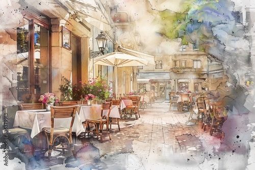 Fototapeta Naklejka Na Ścianę i Meble -  European Summer Cafe Scene. Watercolor Illustration of Cozy Paris Street Cafe