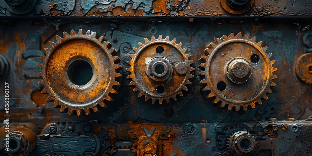 Symmetrical engineering design highlighted by rusty gears on metal surface of classic auto part. Concept Automotive, Engineering Design, Rusty Gears, Metal Surface, Classic Auto Part Symmetrical engineering design highlighted by rusty gears on metal surface of classic auto part. Concept Automotive, Engineering Design, Rusty Gears, Metal Surface, Classic Auto Part