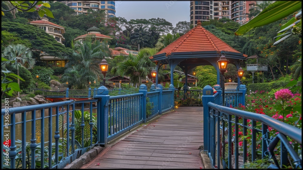 A bridge with blue railings leading to a gazebo with a red roof
Concept: city parks, romantic walks, architecture of public spaces, urban studies, tourist guides, real estate advertising A bridge with blue railings leading to a gazebo with a red roof
Concept: city parks, romantic walks, architecture of public spaces, urban studies, tourist guides, real estate advertising