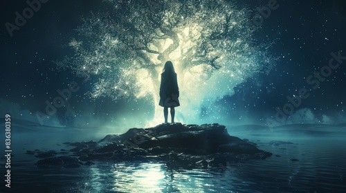 Silhouette of a girl standing in front of a brightly lit tree against the backdrop of a starry sky reflected in the water. Concept: magic and mysticism, fantasy and adventure, cover design © Marynkka_muis