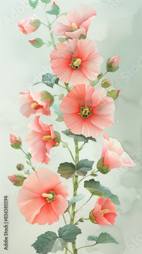 A watercolor illustration of hollyhock within a floral border, set against a soft green background