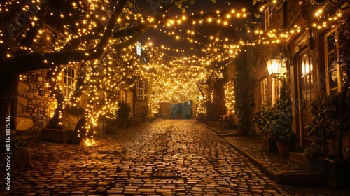 A street illuminated by many warm garlands suspended between trees and houses. The cobblestone paving adds a romantic atmosphere. © Marynkka_muis