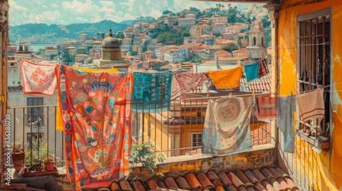 A colorful array of clothes drying on a balcony, with a bustling cityscape in the background