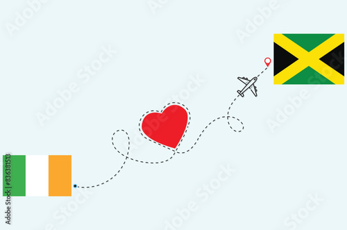 Flight and travel concept from ireland to jamaica airplane travel Heart concept flags design
