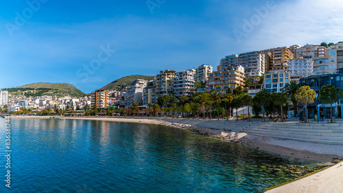A view along the inner part of the bay at Sarande in the morning in summertime