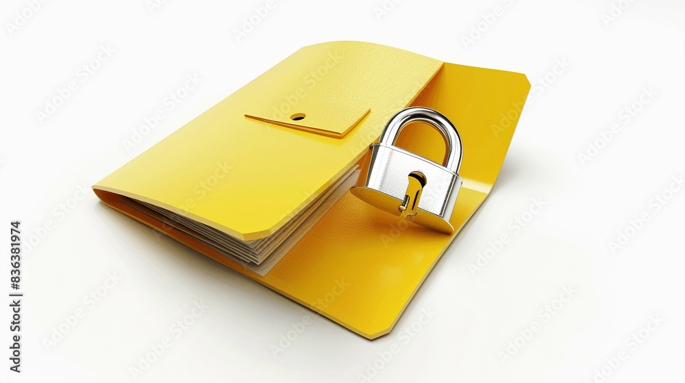 Yellow folder and lock in 3D representing data security concept emphasizing the secure storage of sensitive information isolated on a white background with shadows Yellow folder and lock in 3D representing data security concept emphasizing the secure storage of sensitive information isolated on a white background with shadows