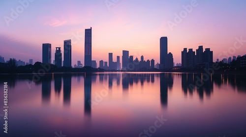 Skyscrapers' silhouettes stand against a twilight sky, reflected in a calm river, creating a serene scene.