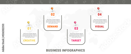 Vector modern infographic flat template pin and circles for diagram, graph, presentation. Business concept with four options and marks. Blank space for content, step for step, timeline, workflow