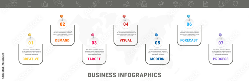 Vector modern infographic flat template pin and circles for diagram, graph, presentation. Business concept with seven options and marks. Blank space for content, step for step, timeline, workflow Vector modern infographic flat template pin and circles for diagram, graph, presentation. Business concept with seven options and marks. Blank space for content, step for step, timeline, workflow