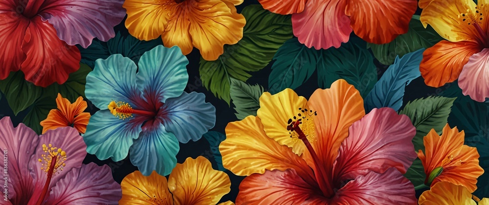 Capture the beauty of nature with a colorful hibiscus pattern in a whimsical and playful drawing style, featuring the exotic flowers in bold and striking designs that will add a pop of color to any su