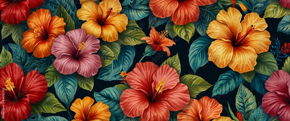 Capture the beauty of nature with a colorful hibiscus pattern in a whimsical and playful drawing style, featuring the exotic flowers in bold and striking designs that will add a pop of color to any su Capture the beauty of nature with a colorful hibiscus pattern in a whimsical and playful drawing style, featuring the exotic flowers in bold and striking designs that will add a pop of color to any su