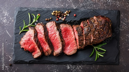 baked beef steak on slate plate