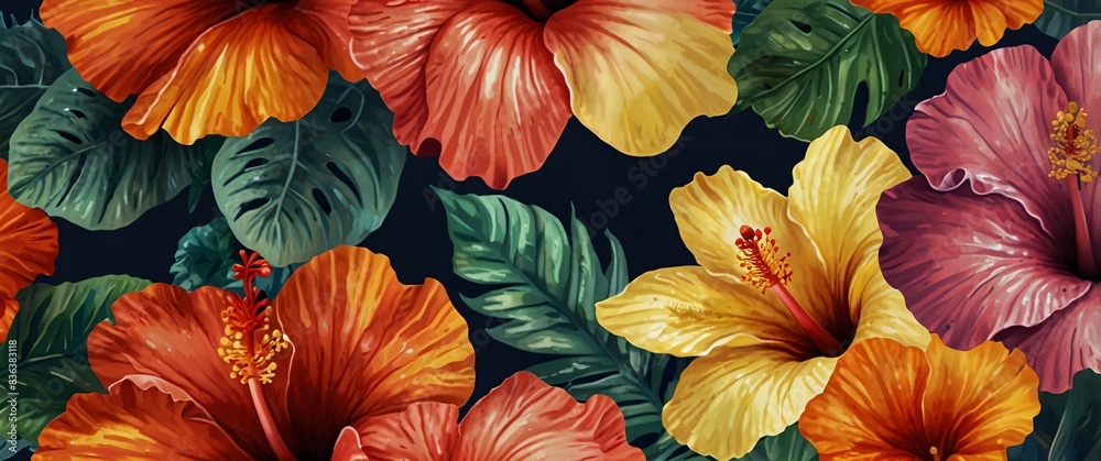 Capture the beauty of nature with a colorful hibiscus pattern in a whimsical and playful drawing style, featuring the exotic flowers in bold and striking designs that will add a pop of color to any su