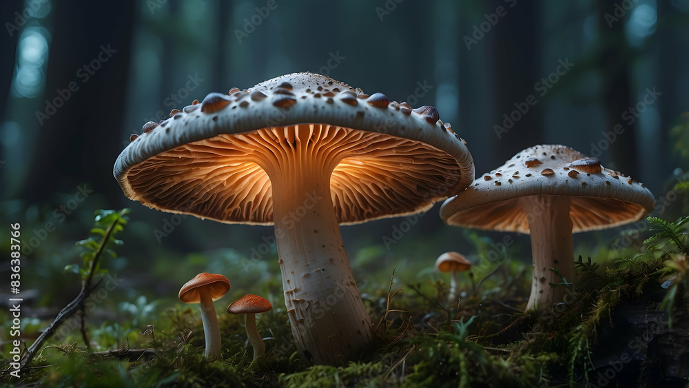 Fototapeta premium Mystical mushrooms glowing in forest