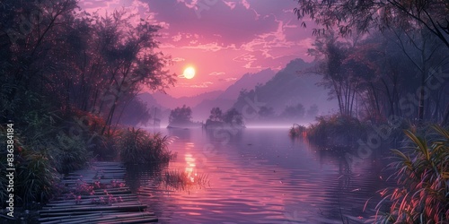Purple and Pink Sunset Over Bamboo Trees, generative ai