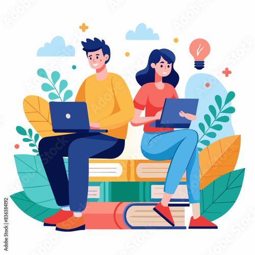 A woman and man are sitting with a laptop open in front of a stack of books, woman and man front of a laptop sitting with books on online learning, Simple and minimalist flat Vector Illustration 