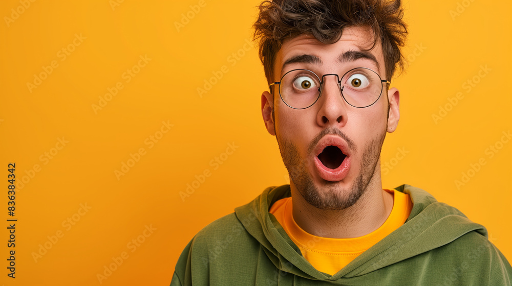 A man with a beard and messy hair is staring at the camera with an open mouth. Young man with uncertain surprised or confused expression, mildly shocked, large open eyes. Banner with copy space A man with a beard and messy hair is staring at the camera with an open mouth. Young man with uncertain surprised or confused expression, mildly shocked, large open eyes. Banner with copy space
