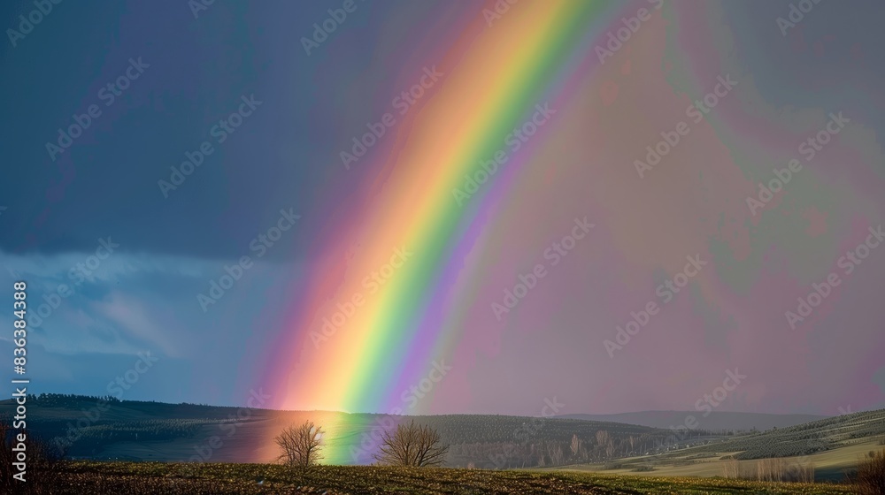 A rainbow arcs over a tranquil countryside after rain, symbolizing hope and beauty following a storm. A rainbow arcs over a tranquil countryside after rain, symbolizing hope and beauty following a storm.