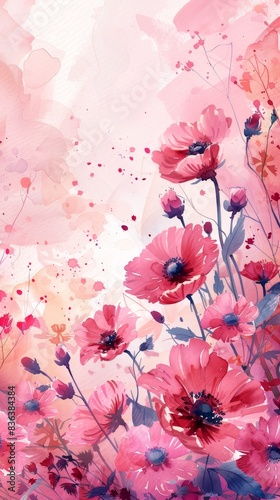 Watercolor illustration of sweet william in a floral border, set against a pastel pink background
