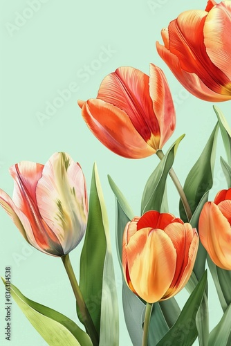 Watercolor illustration of a tulip in a floral border  isolated on a mint green background