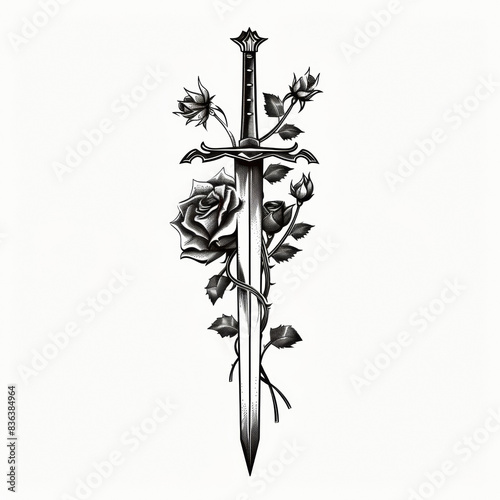 Intricate black and white sword illustration with roses. A stunning tattoo design symbolizing the blend of strength and delicacy.