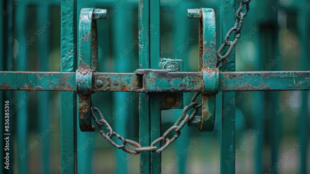 A green gate secured shut with a metal chain attached to its latch A green gate secured shut with a metal chain attached to its latch