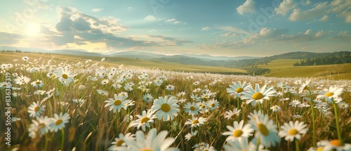 Fototapeta Naklejka Na Ścianę i Meble -  Beautiful spring and summer natural panoramic pastoral landscape with blooming field of daisies in the grass in the hilly countryside