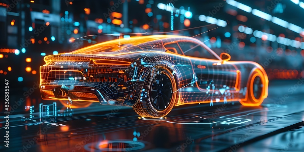 Obraz premium Futuristic HUDstyle hologram scanning and analyzing car data for development in 3D. Concept Technology, Hologram, Car Development, 3D Modeling, Futuristic Features