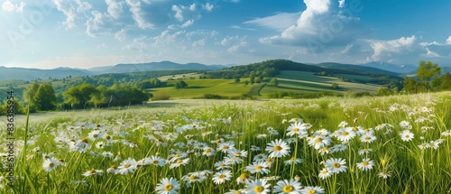 Beautiful spring and summer natural panoramic pastoral landscape with blooming field of daisies in the grass in the hilly countryside