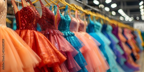 Vibrant prom dresses hanging on display in store with colorful fashion options. Concept Prom Dresses  Boutique Display  Fashion Choices  Vibrant Colors  Shopping Options
