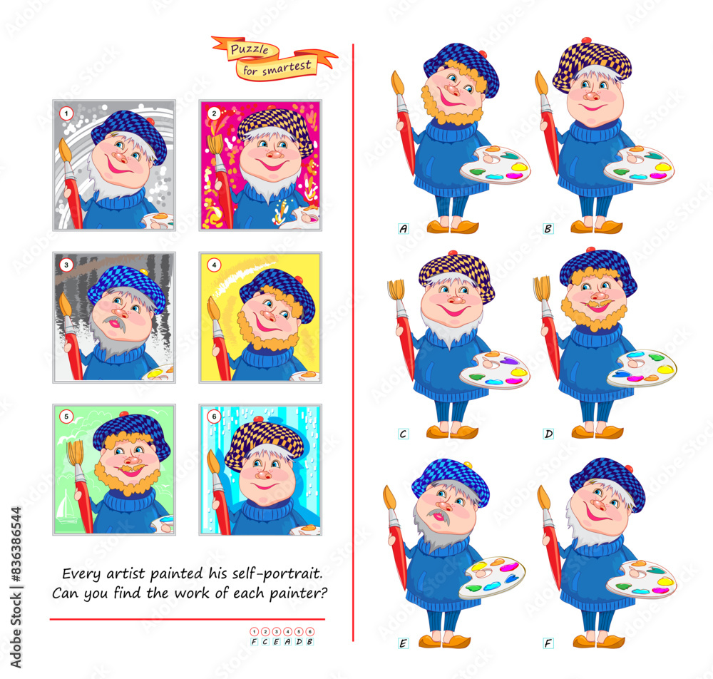 Logic puzzle game for children and adults. Every artist painted his self-portrait. Can you find the work of each painter? Develop spatial thinking skills. Brain teaser book. Flat vector illustration. Logic puzzle game for children and adults. Every artist painted his self-portrait. Can you find the work of each painter? Develop spatial thinking skills. Brain teaser book. Flat vector illustration.