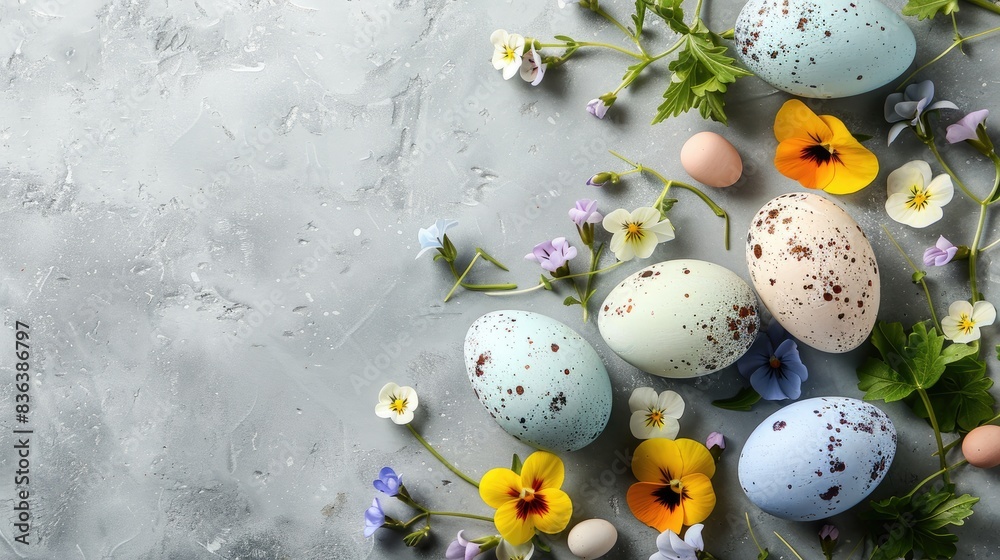 Colorful Easter eggs with beautiful flowers on a light grey stone surface symbolizing the spring season and celebrating Easter with festive treats Colorful Easter eggs with beautiful flowers on a light grey stone surface symbolizing the spring season and celebrating Easter with festive treats