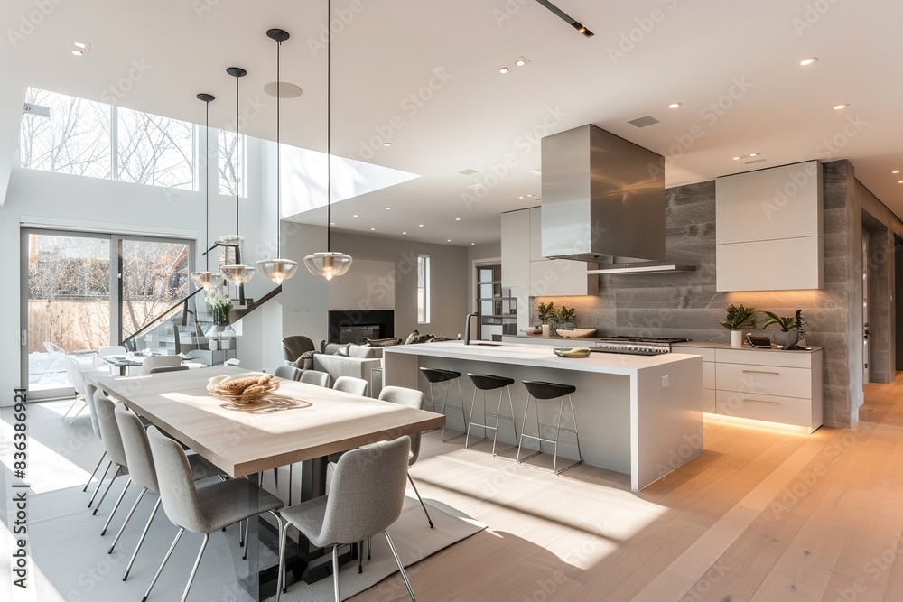 Fototapeta premium Contemporary open-concept kitchen and dining area with sleek, minimalist design.
