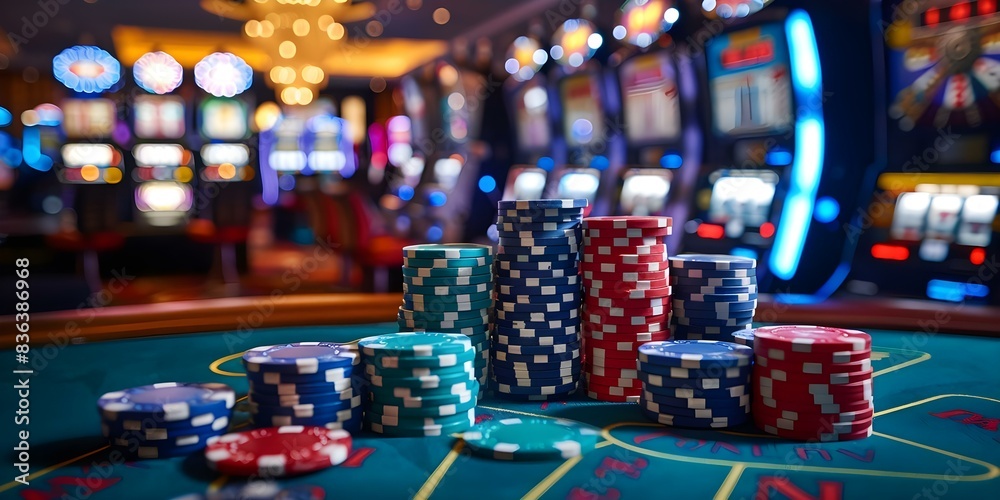 Slot machines with chips and colorful lights at a casino. Concept Casino Games, Slot Machines, Gambling, Chips, Colorful Lights Slot machines with chips and colorful lights at a casino. Concept Casino Games, Slot Machines, Gambling, Chips, Colorful Lights