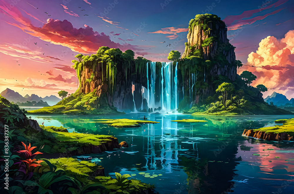 illustration, A fantastical scene of floating islands with lush greenery, cascading waterfalls, and bridges made of light vector art illustration generative AI.

