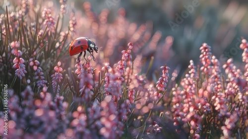 A ladybird explores heather blossoms in search of nourishment