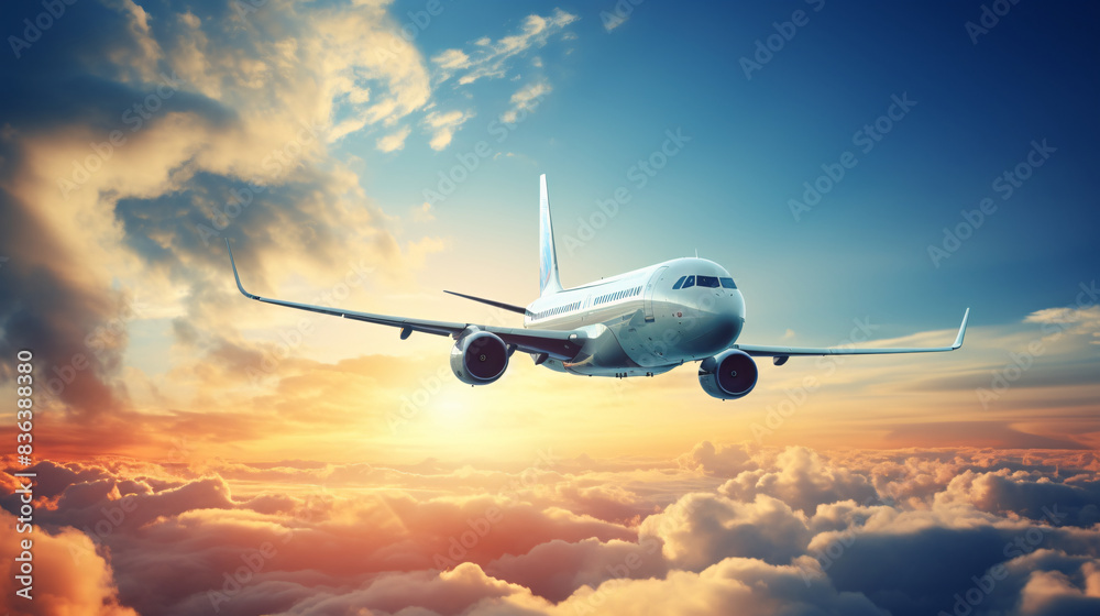 Beautiful and bright photo of an airplane in the sky with fluffy cloud and sun on background