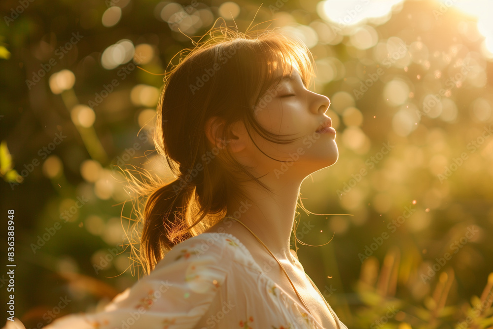 Portrait of a woman in the park feeling the sun with closed eyes representing mental health Portrait of a woman in the park feeling the sun with closed eyes representing mental health