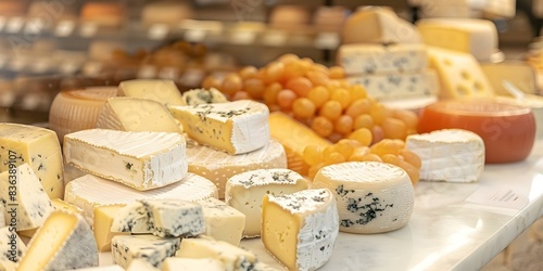 Assorted cheeses like parmesan camembert cheddar mozzarella and brie in store. Concept Cheese Variety, Specialty Cheeses, Gourmet Products, Delicatessen Items photo