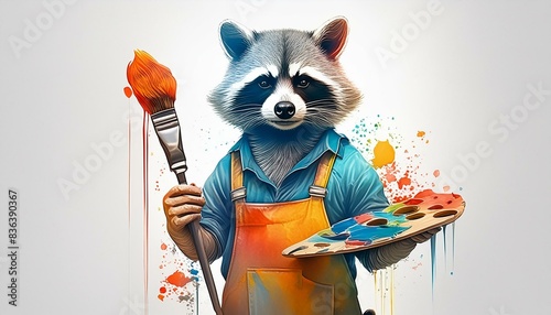 A creative raccoon wearing a paint-splattered apron holds a palette and brush and is surrounded by paint. photo