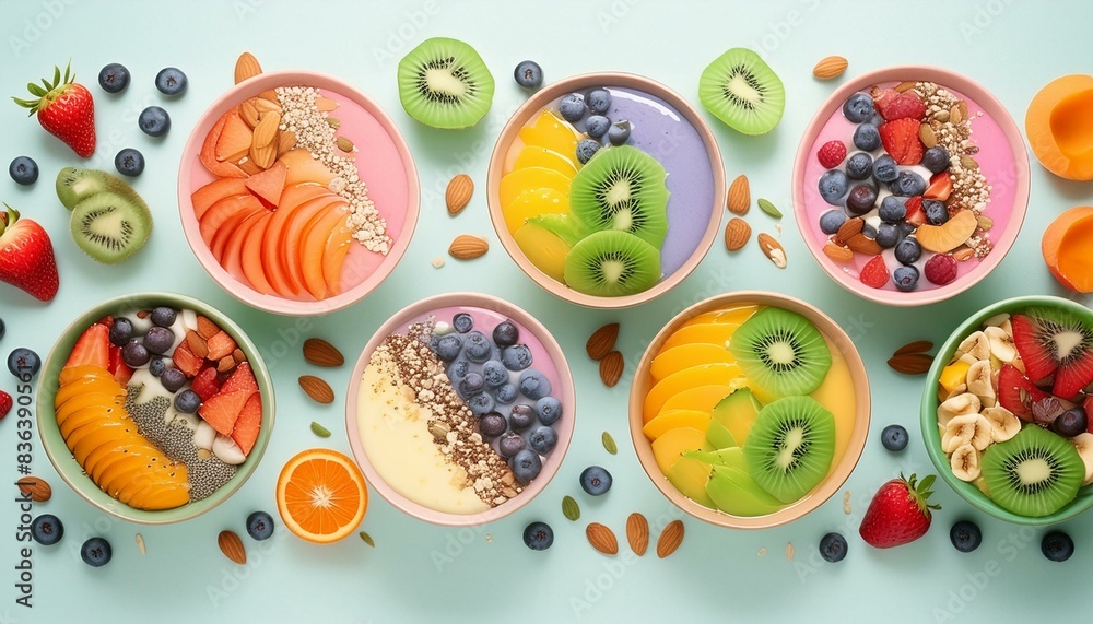 smoothie bowls are filled with fresh fruits, nuts, and seeds, and topped with a variety of other healthy ingredients. The bowls are a vibrant mix of colors, and they look delicious against the light smoothie bowls are filled with fresh fruits, nuts, and seeds, and topped with a variety of other healthy ingredients. The bowls are a vibrant mix of colors, and they look delicious against the light