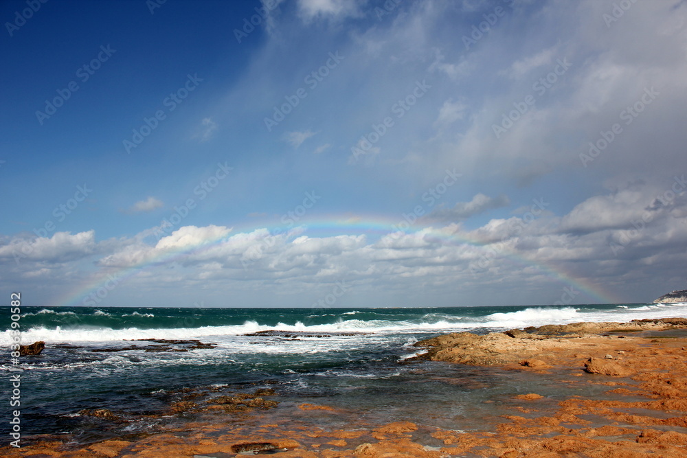 Rainbow on the shores of the Mediterranean Sea in northern Israel. Rainbow on the shores of the Mediterranean Sea in northern Israel.