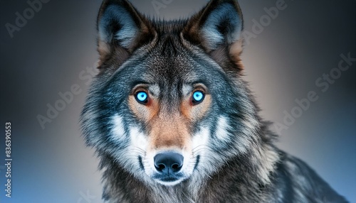 a portrait of a majestic dog. The dog is standing with its head held high, its piercing blue eyes staring straight ahead. The dog's coat is a mix of shades of grey, and the background is a smooth, gra © Jay Kat.
