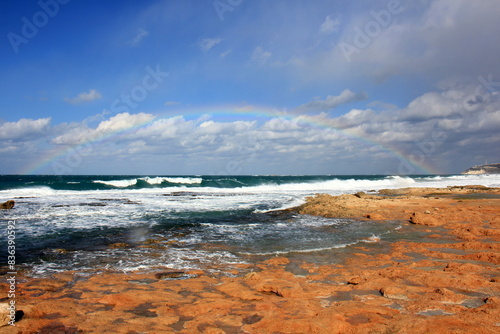 Rainbow on the shores of the Mediterranean Sea in northern Israel.