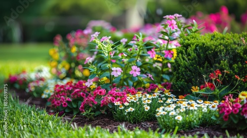 Fototapeta Naklejka Na Ścianę i Meble -  A spring flower bed adorned with a decorative flowering shrub in the background