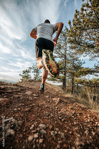 a man jogging on a path through a forest with some trees